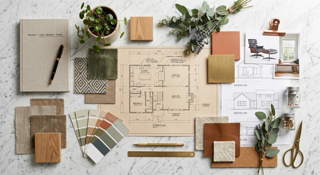 Overhead flat lay of interior design mood board with fabric swatches paint samples wood textures pla