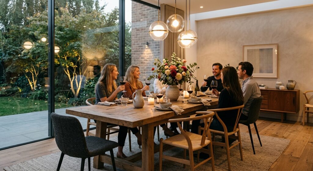 Modern dining room with large wooden table, designer chairs, pendant lighting, fresh flowers, warm e