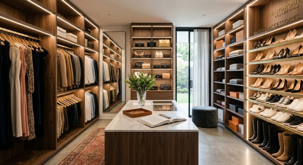 Luxurious walk-in closet with organized shelves, shoes, bags, soft lighting, modern design, editoria