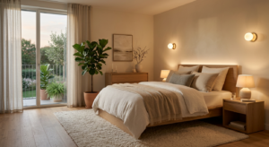 Luxurious minimalist bedroom with soft textiles, neutral palette, plants, warm ambient lighting, pro