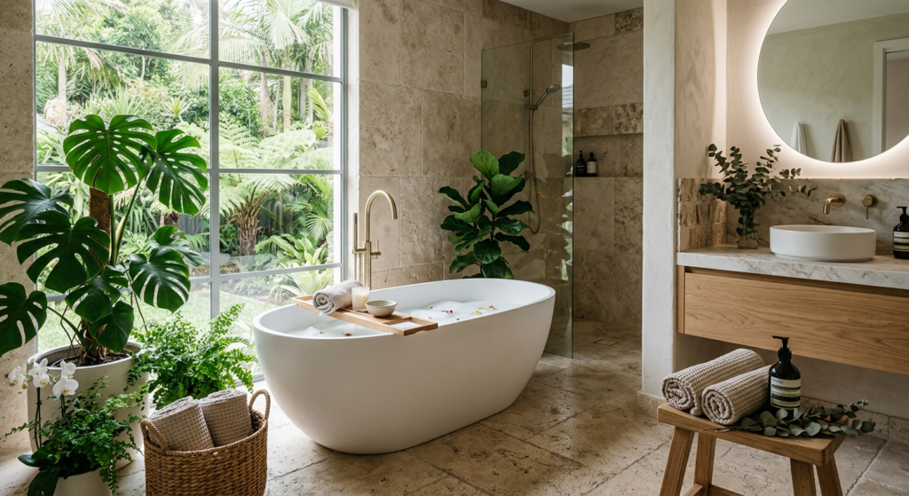 Beautiful contemporary bathroom with freestanding bathtub, natural stone tiles, greenery, spa atmosp