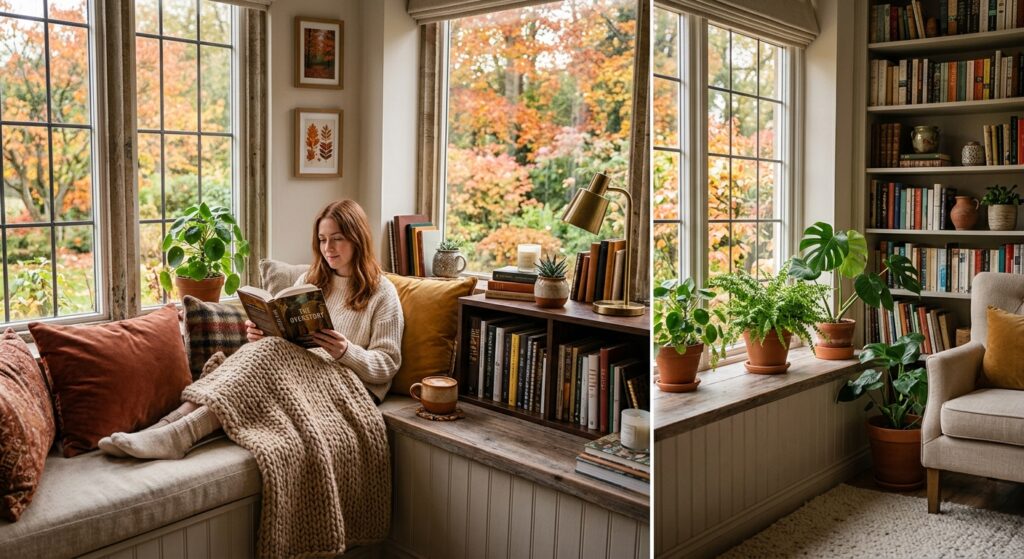 Cozy reading nook by a window with cushions bookshelf warm blanket cup of coffee indoor plants soft