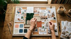 Warm overhead photo of interior designer hands working on mood board with fabric samples, paint swat